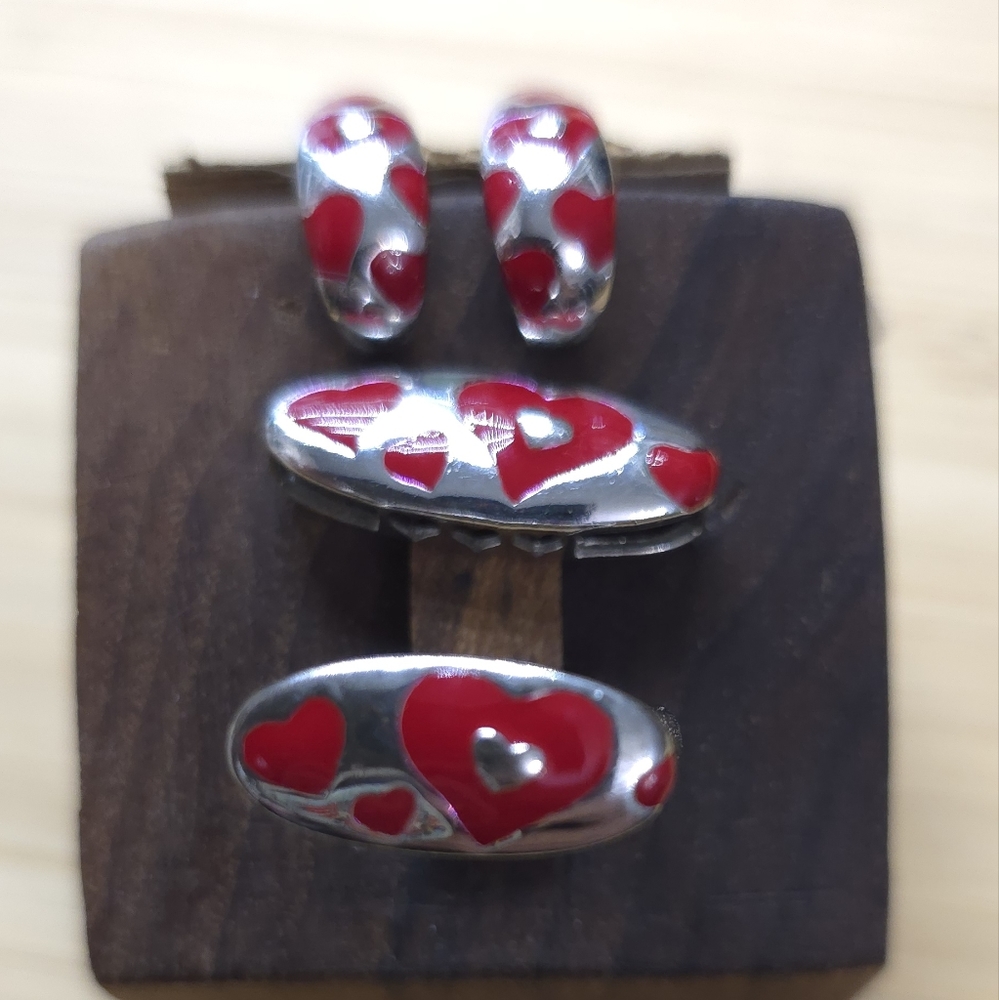 Sterling silver red enamel heart set.